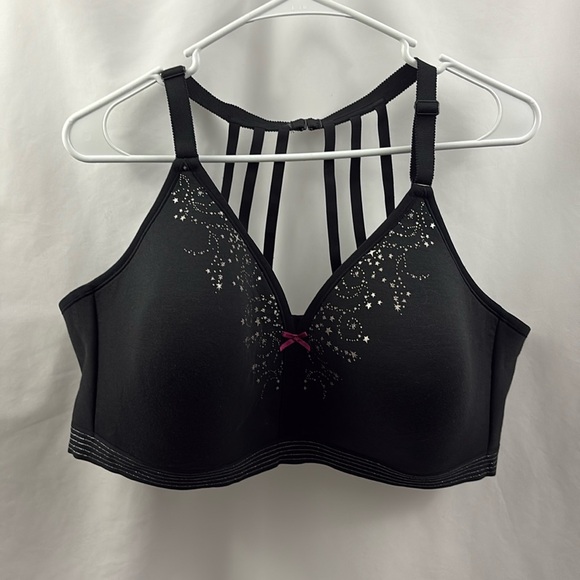 Cacique Lightly Lined No Wire Lane Bryant Bra size 48C Black Strappy Back Stars - Picture 1 of 11